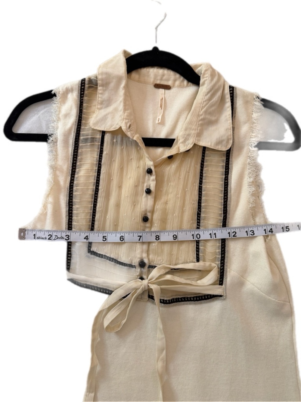 Free People Cream Boho Mini Dress Lace Trim Bib Front Tie Waist Size M - Picture 4 of 10